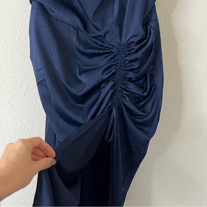 Showpo Lieselotte Midi Dress Ruched Front Split Cowl Neck Satin NEW Navy Blue 14