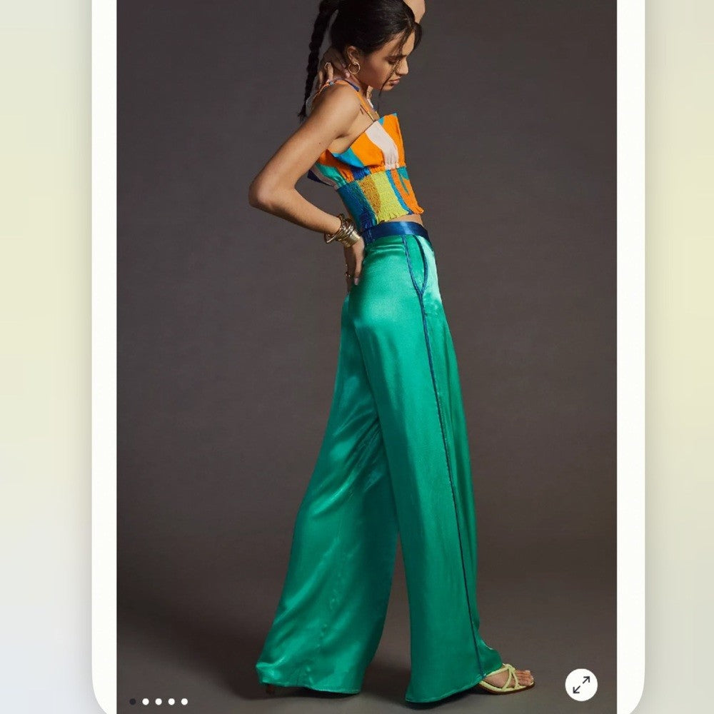 Anthropologie Corey Lynn Calter Sam Wide Leg Satin Pants NEW Size XS Green