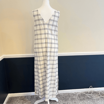 Theory Deep V Linen Blend Spring Plaid Midi Dress Size Medium in Ivory