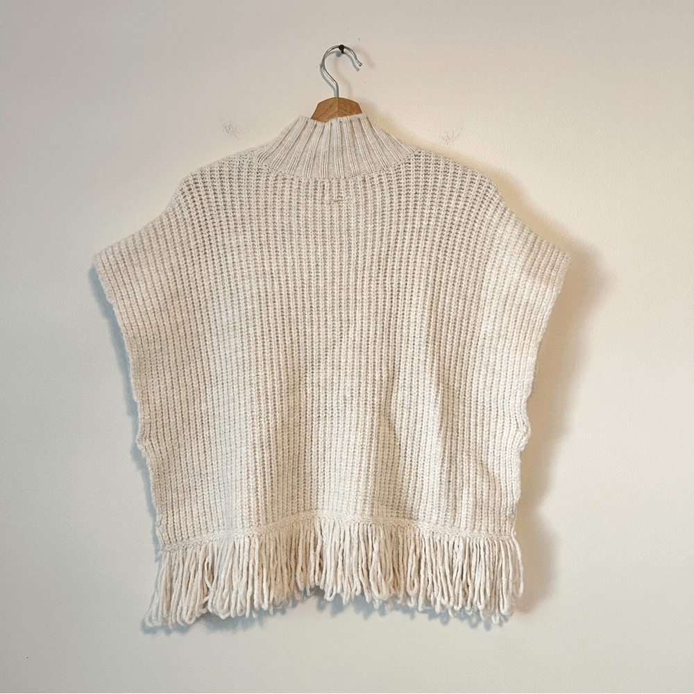 Anthropologie Fringed Mock Neck Ivory Sleeveless Sweater Vest Size Large