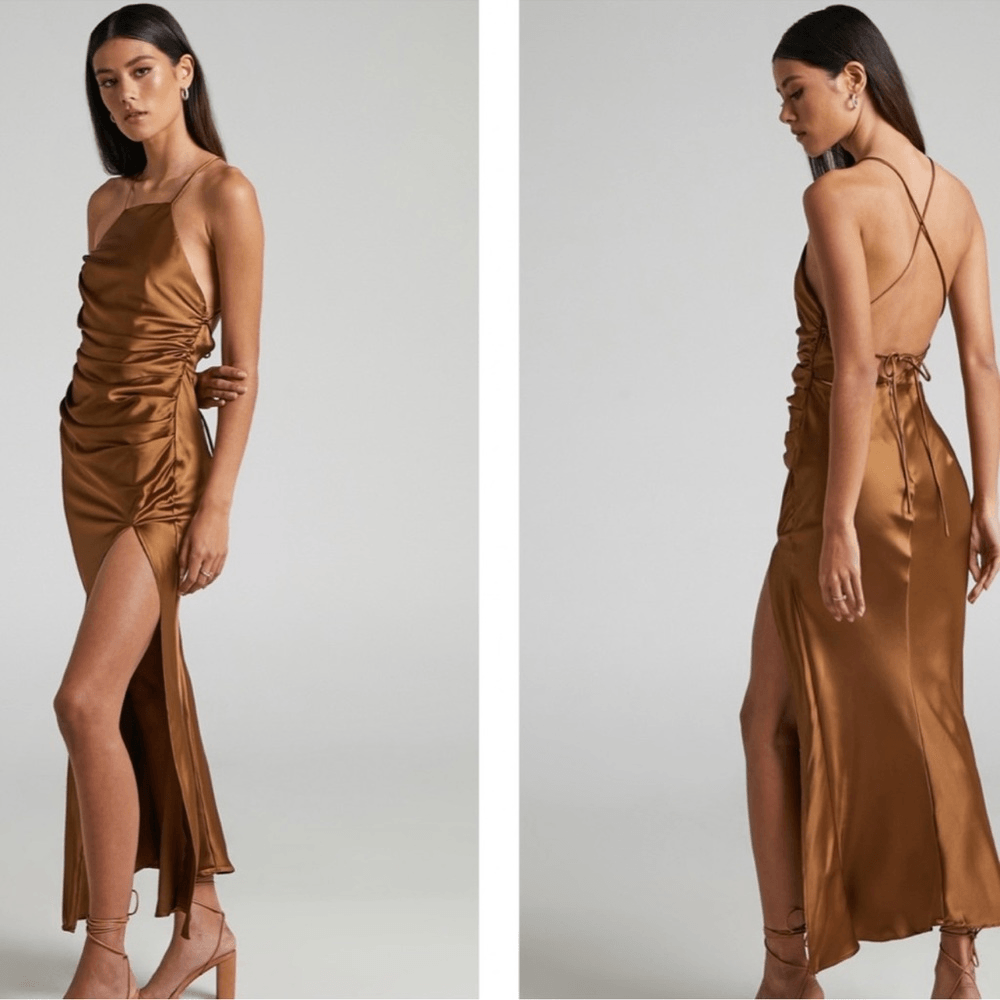 Showpo Malornan High Neck Ruched Satin Maxi Dress in Coffee Size 10