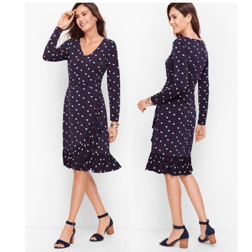 Talbots Heart Print A-Line Jersey Sheath Dress Long Sleeve Navy Blue Size 6