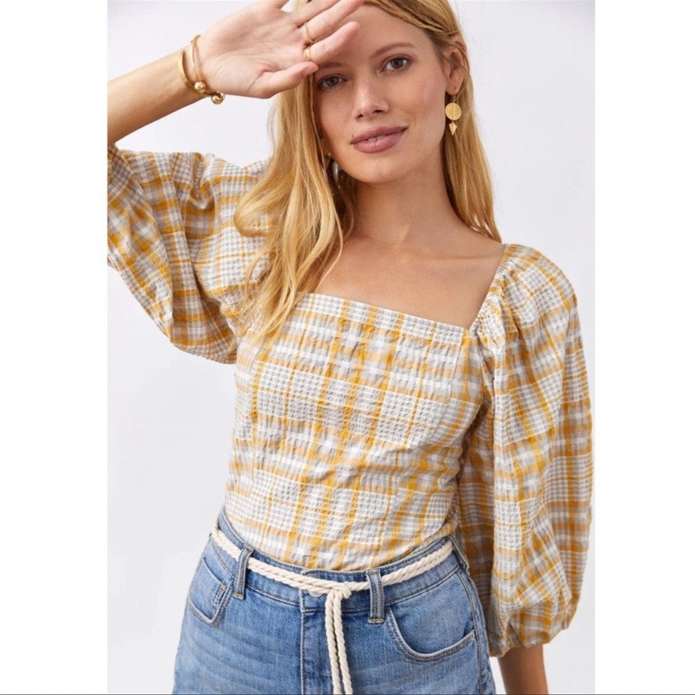 Anthropologie Maeve Neutral Plaid Square-Neck Blouse NEW Size Medium
