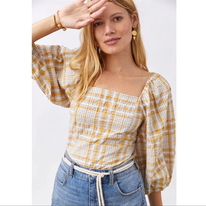 Anthropologie Maeve Neutral Plaid Square-Neck Blouse NEW Size Medium