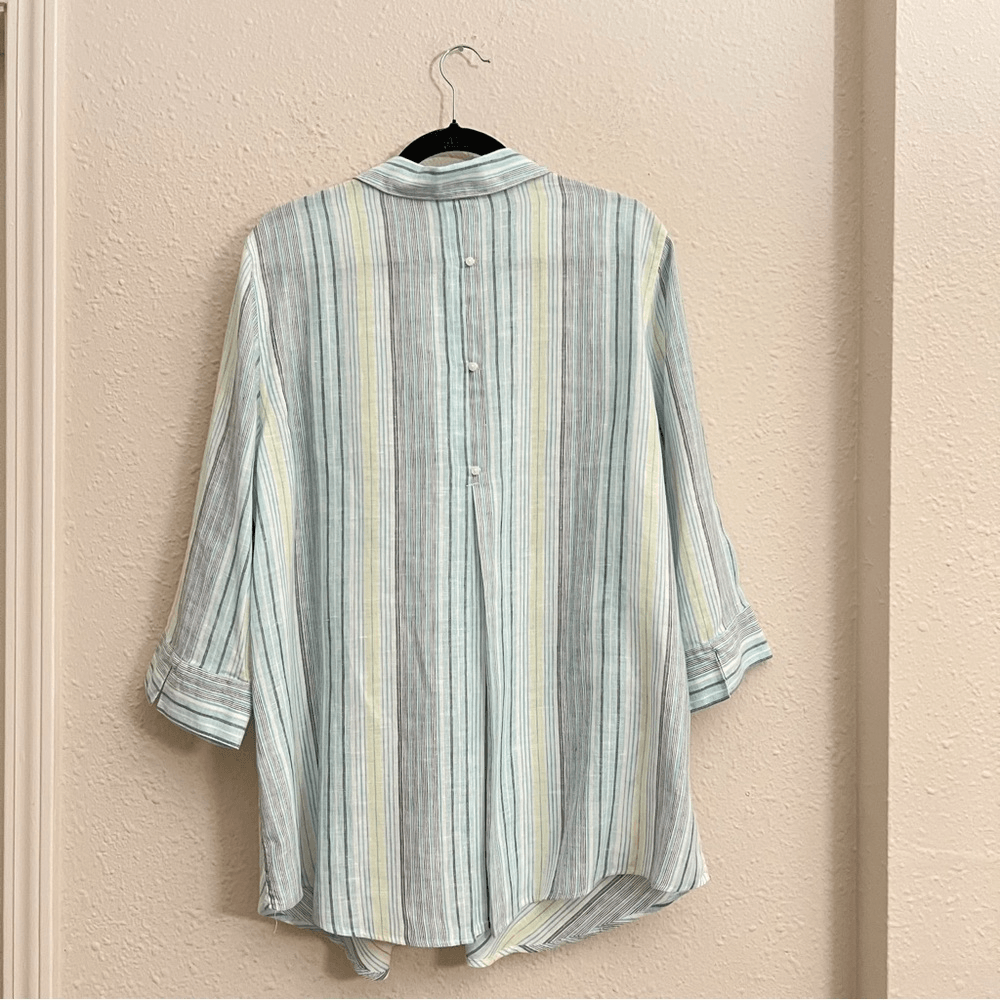 Chicos No Iron Striped 100% Linen Button Front Top Shirt Teal Blue White Size XL
