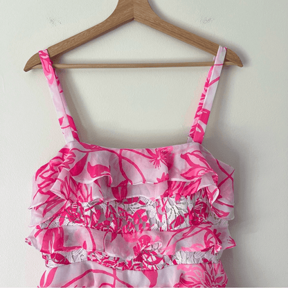 Lilly Pulitzer Olive Ruffle Tiered Top Size 8 Pink Floral Sleeveless