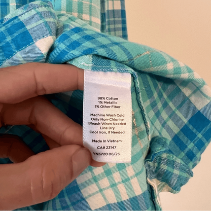 Talbots Cotton Button Front Shirt - Ornament Plaid Metallic in Blue Size 1X