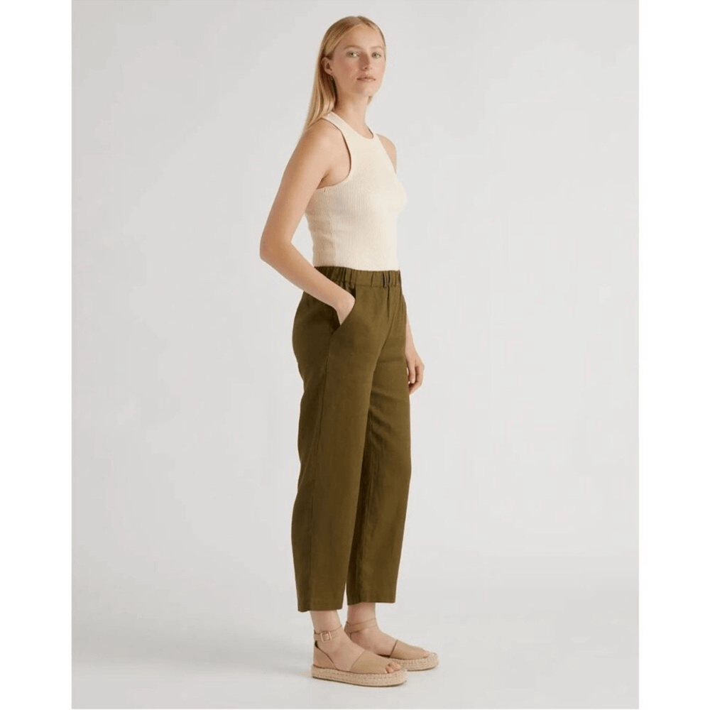 Quince 100% European Linen Cropped Pants NEW Size Medium Olive Green Pull on