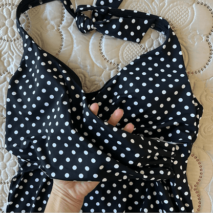 Lands End Polka Dot Halter Tankini Top Size 10 in Black and White