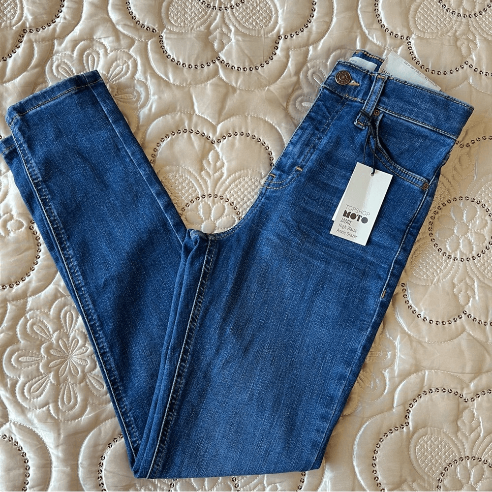 Topshop Moto Jamie High Waist Ankle Grazer Medium Wash Skinny Jeans NEW Size 25