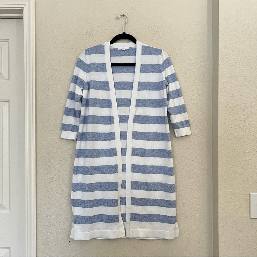 Talbots Striped Blue White Marled Longline Duster Cardigan Pima Cotton Size SP