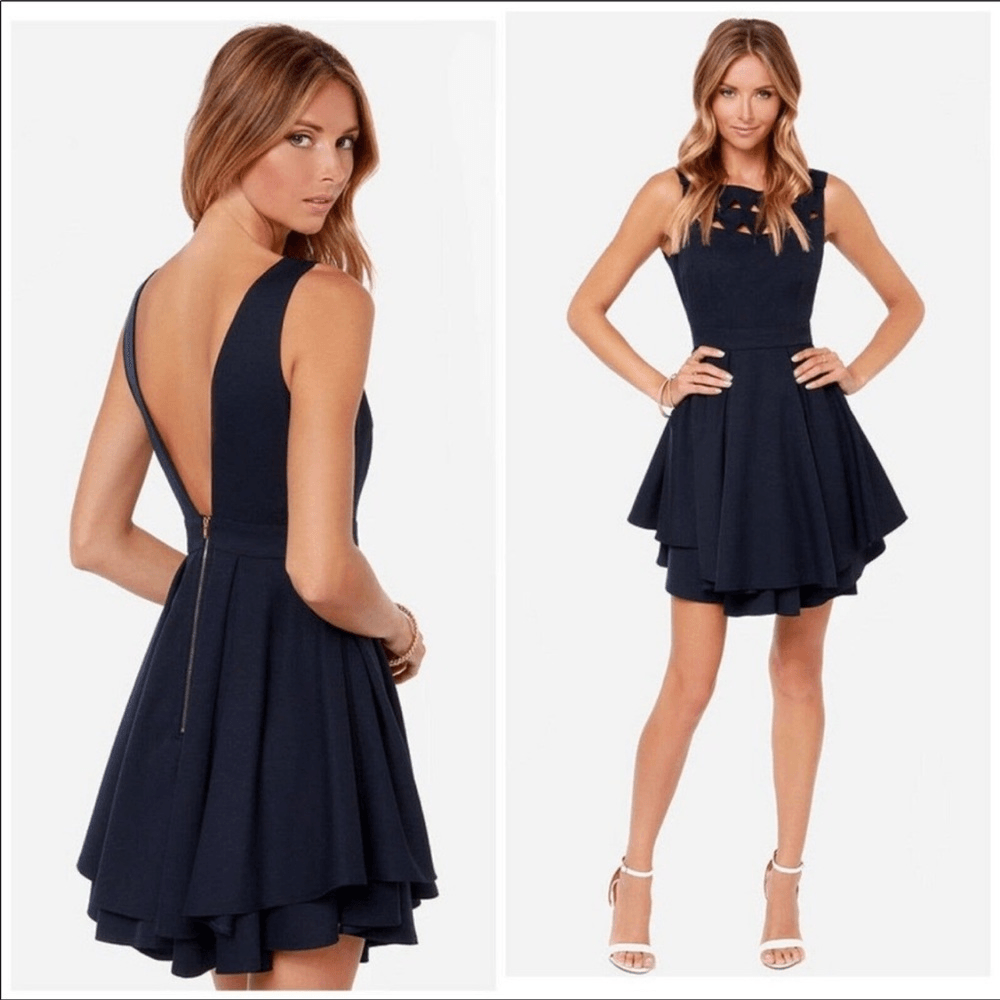 L'atiste Navy Blue Cutout Fit Flare Mini Dress NEW Size Small