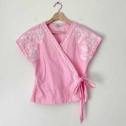 Madewell Embroidered Wrap Blouse Top Size XS in Pink