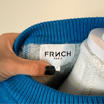 FRNCH Lio Cozy Fuzzy Sweater Blue White Abstract Colorblock Size Small