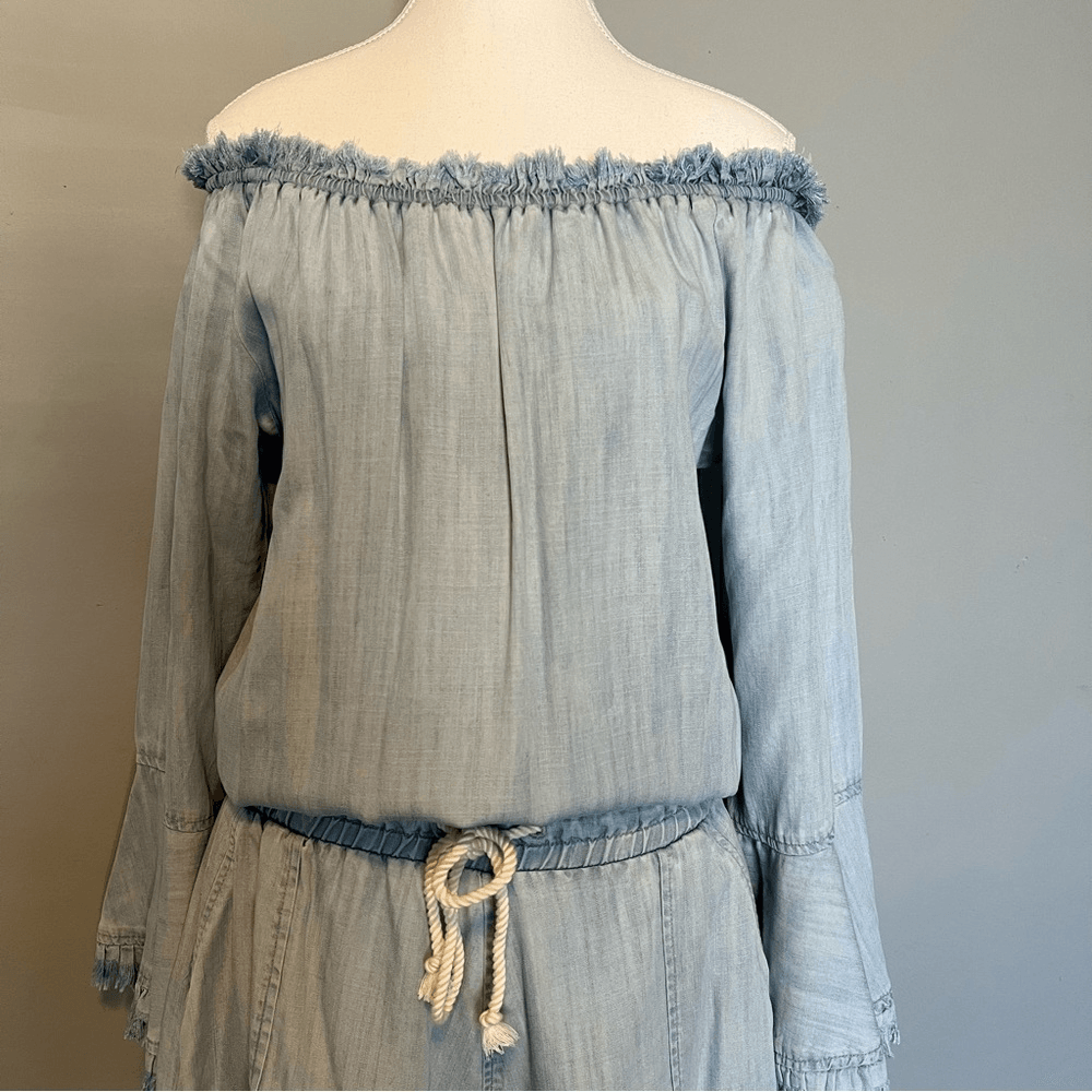 Ramy Brook Esie Chambray Romper Size XS Long Bell Sleeves Off the Shoulder