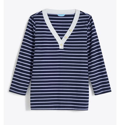 Draper James V-Neck Puff Sleeve Shirt in Nassau Navy Mariner Stripe Size XL