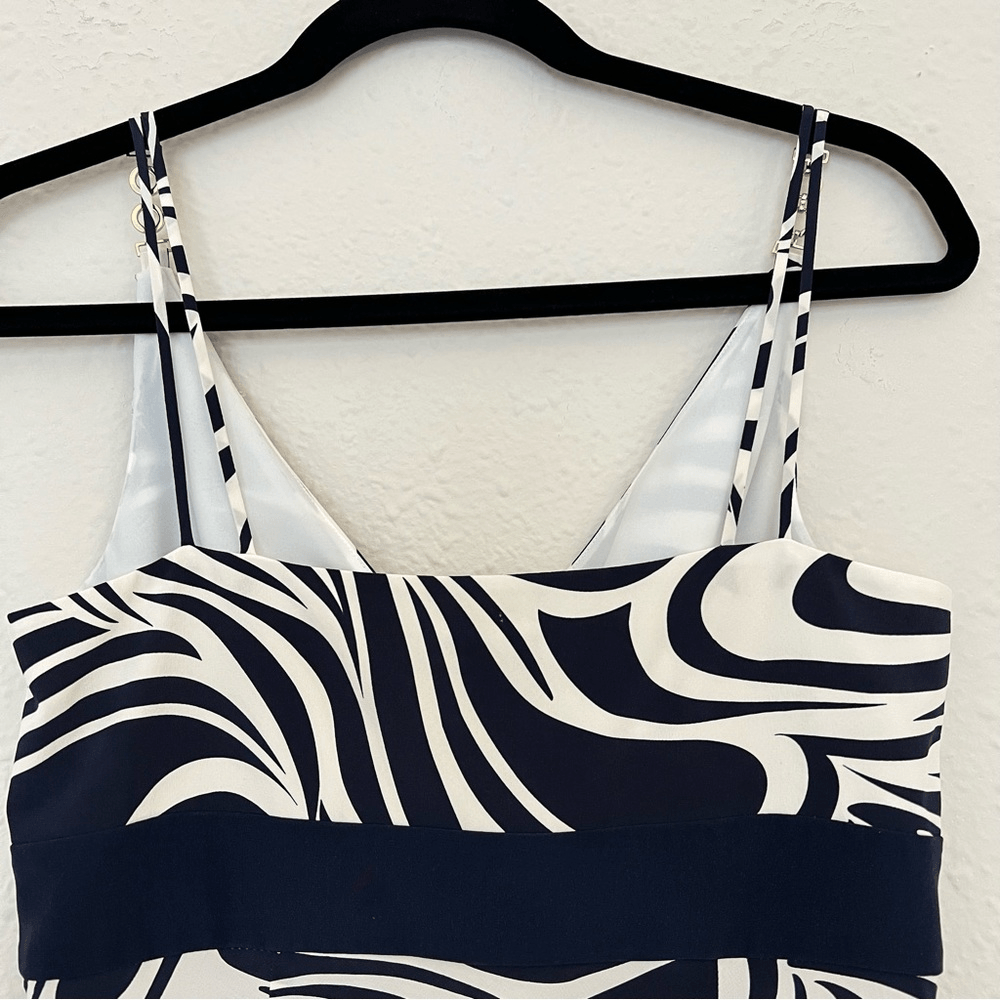 Ann Taylor  100% Silk Navy Blue White Abstract Spaghetti Strap Silk Dress Size 4