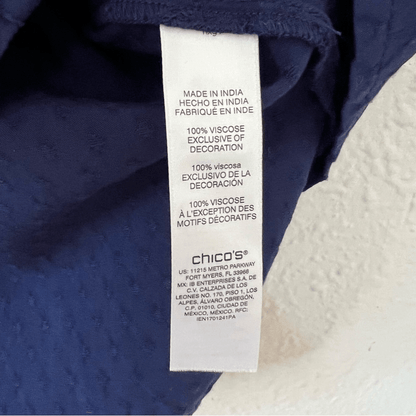 Chico's Trimmed Bell-Sleeve Popover Navy Blue Blouse Top Size 1, US Size Medium