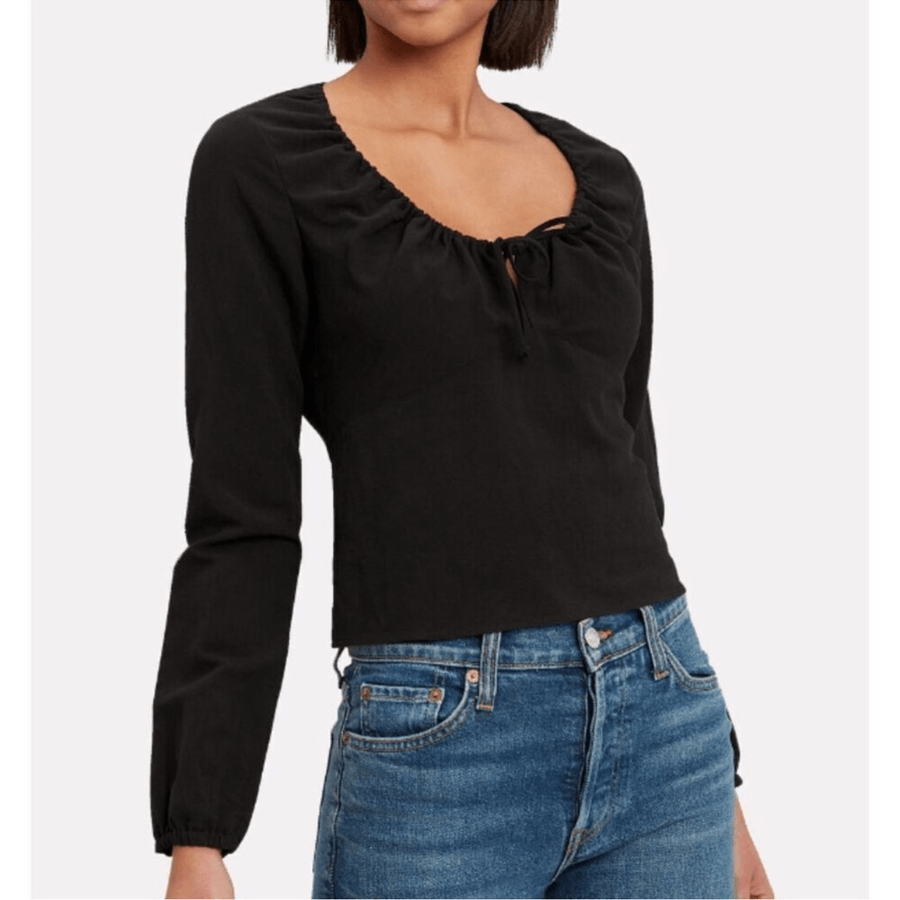 INTERMIX Marseille Black Lace-Up Top Tie Front Lace Back Scoop Neck Size 0 Linen