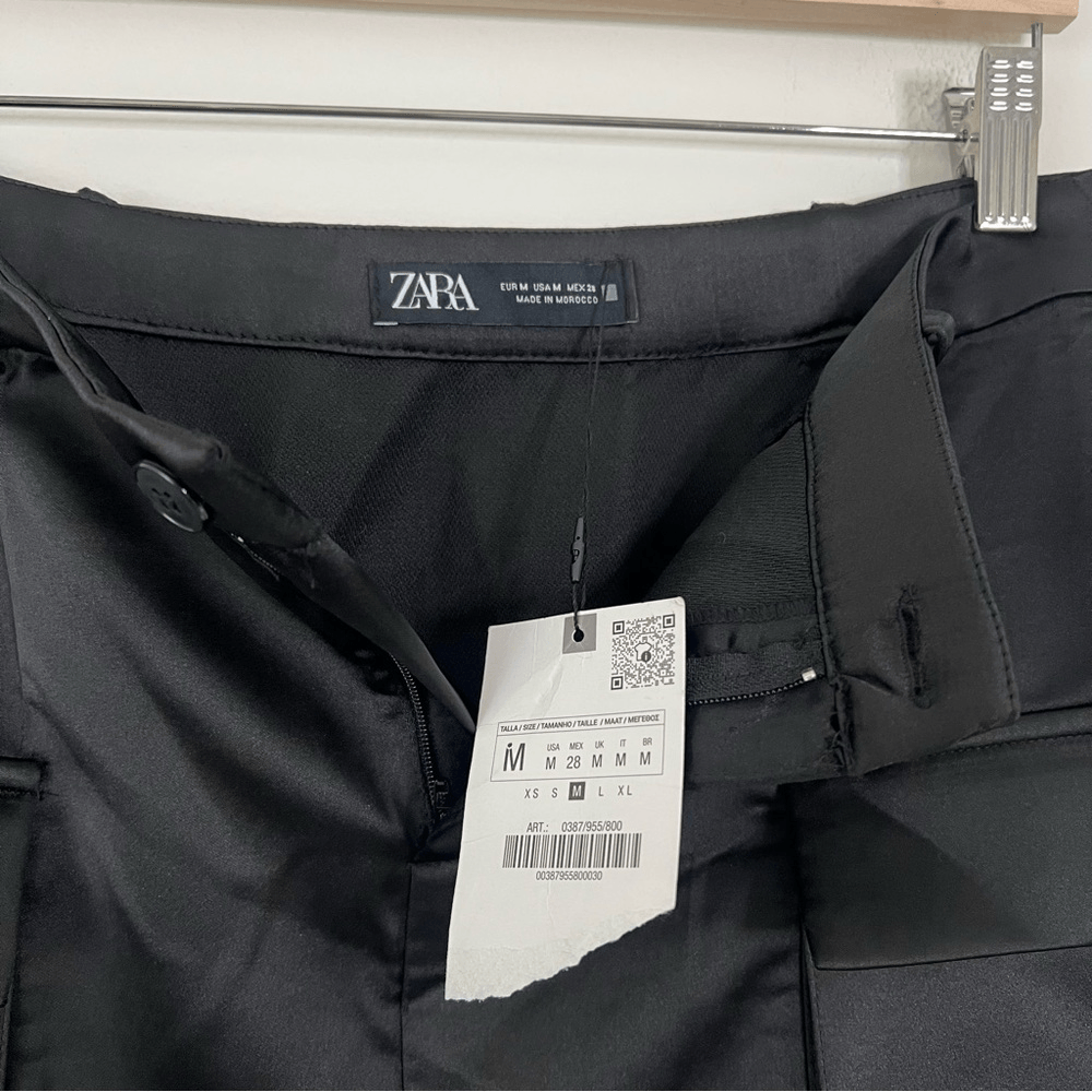 Zara Black Satin Effect Cargo Mini Skirt NEW Size Medium