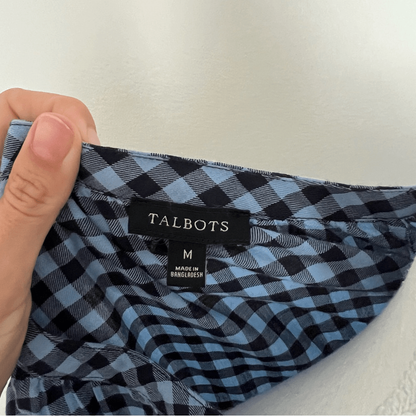 TALBOTS Blue Gingham Check Pullover Blouse Top Lon Sleeve Size Medium