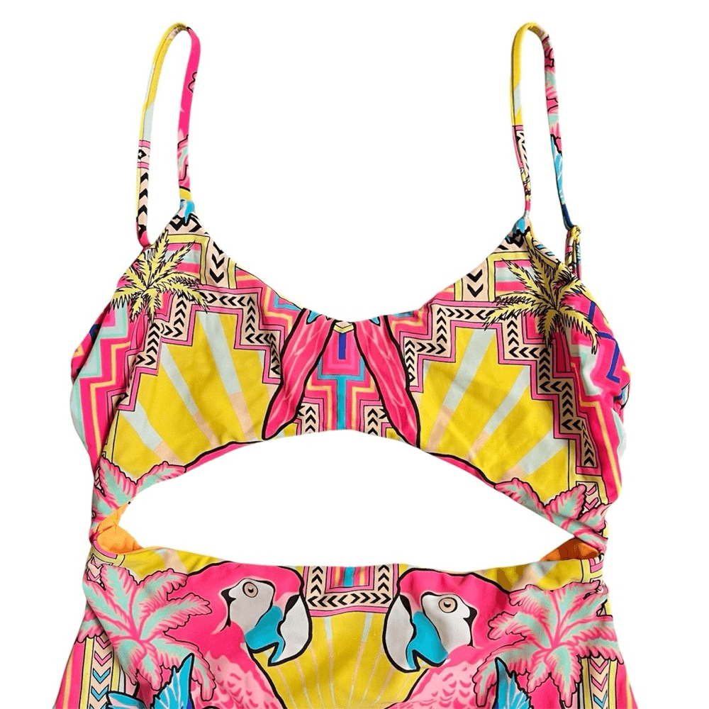 Mara Hoffman Parrot Tropical One Piece Swimsuit Size Large Cutout Pink Yellow
