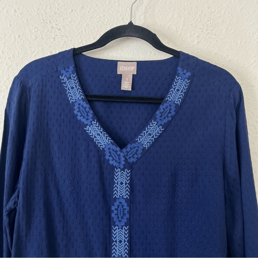 Chico's Trimmed Bell-Sleeve Popover Navy Blue Blouse Top Size 1, US Size Medium
