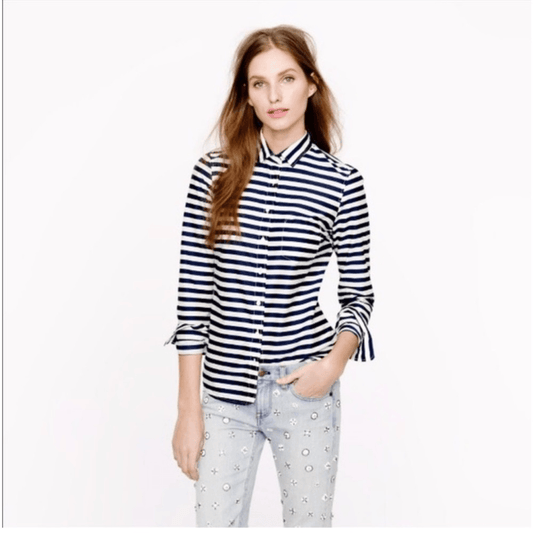 J. CREW Striped Boy Shirt Navy Blue White Long Sleeve Button Down Size 6