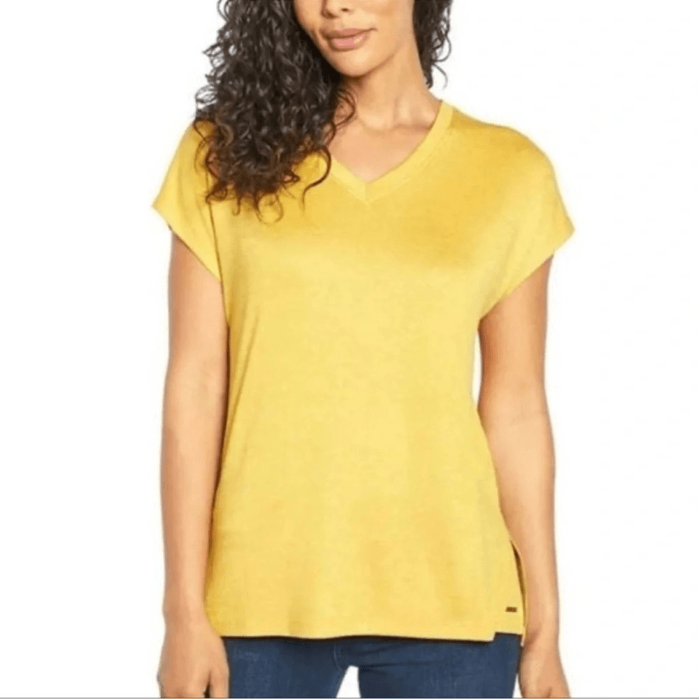 Orvis Women's Short Sleeve V-Neck Tunic Knit Top Size Medium Yellow