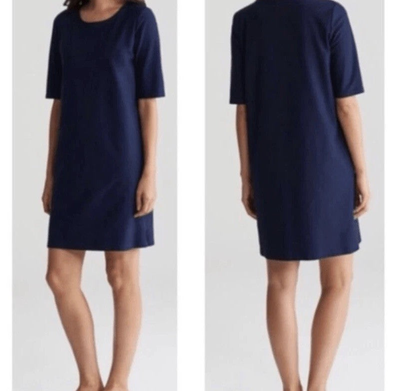 EILEEN FISHER Navy Washable Stretch Crepe Side Zip Shift Dress Medium Petite