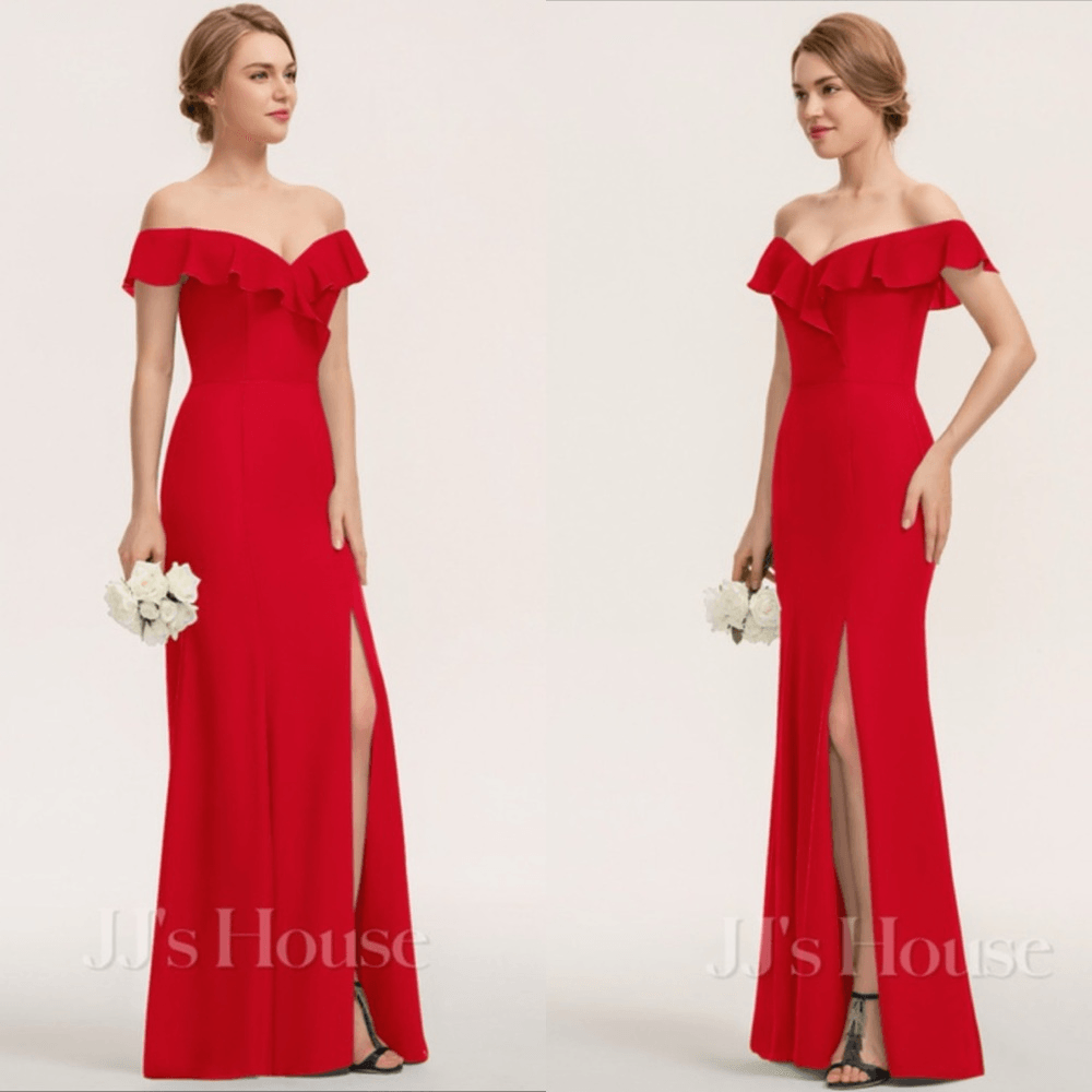 JJs House Red Off the Shoulder Sheath/Column Maxi Chiffon Bridesmaid Dress NEW