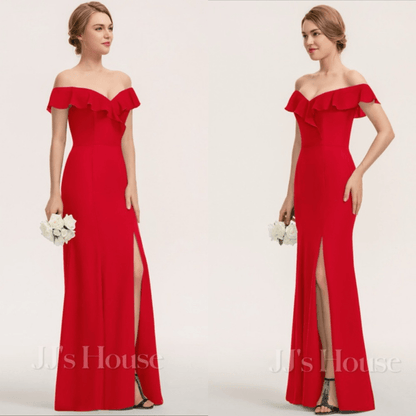 JJs House Red Off the Shoulder Sheath/Column Maxi Chiffon Bridesmaid Dress NEW
