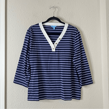 Draper James V-Neck Puff Sleeve Shirt in Nassau Navy Mariner Stripe Size XL
