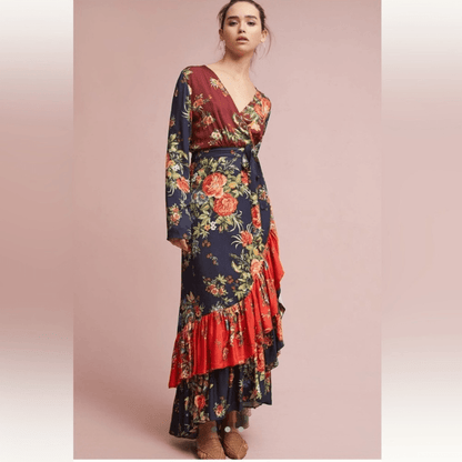 Anthropologie Farm Rio Audrey Wrap Maxi Dress Floral Long Sleeve Size SP