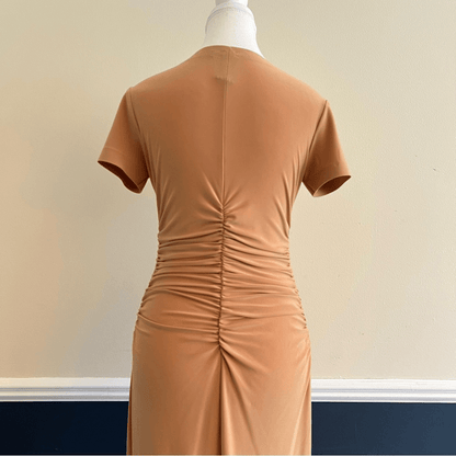Norma Kamali Kamali Kulture Crew Neck Shirred Midi Bodycon Dress in Tan Size S