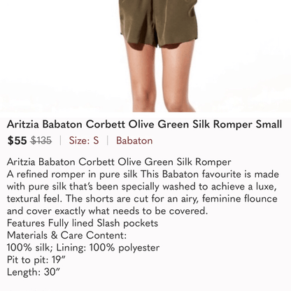 Aritzia Babaton Corbett Olive Green Silk Romper Size XS