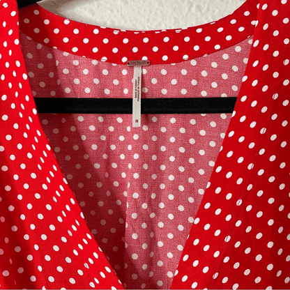 Free People Love Street Red White Polka Dot Long Sleeves Blouse M Retro Romantic