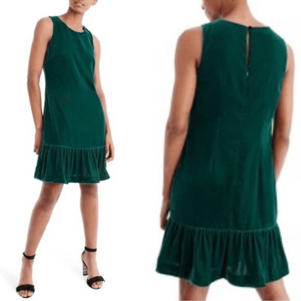 J. Crew Velvet Ruffle Hem Sleeveless Mini Dress in Emerald Green NEW Size 14
