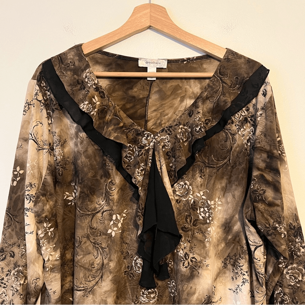 Dressbarn Brown Floral Ruffle V-Neck Blouse Top Plus Size 2X 3/4 Sleeve Y2K