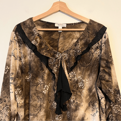 Dressbarn Brown Floral Ruffle V-Neck Blouse Top Plus Size 2X 3/4 Sleeve Y2K