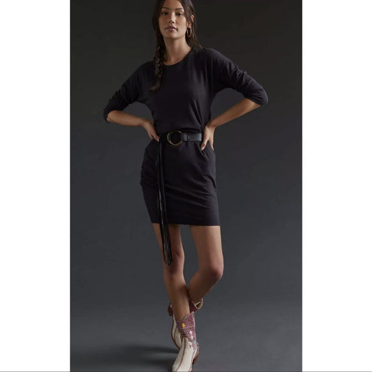 Anthropologie Sundry Shirred Mini Dress in Black NEW Size Small