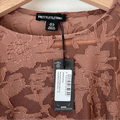 Pretty Little Thing Mocha Floral Sheer Burnout Maxi Dress Long Sleeve NEW Sz 12