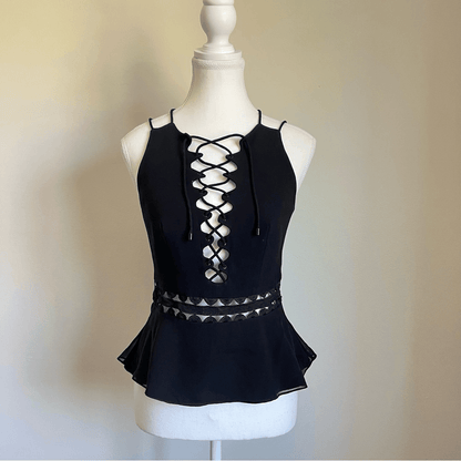 Jonathan Simkhai Lace Up Crepe Peplum Top in Black Size 2 Silk Trim