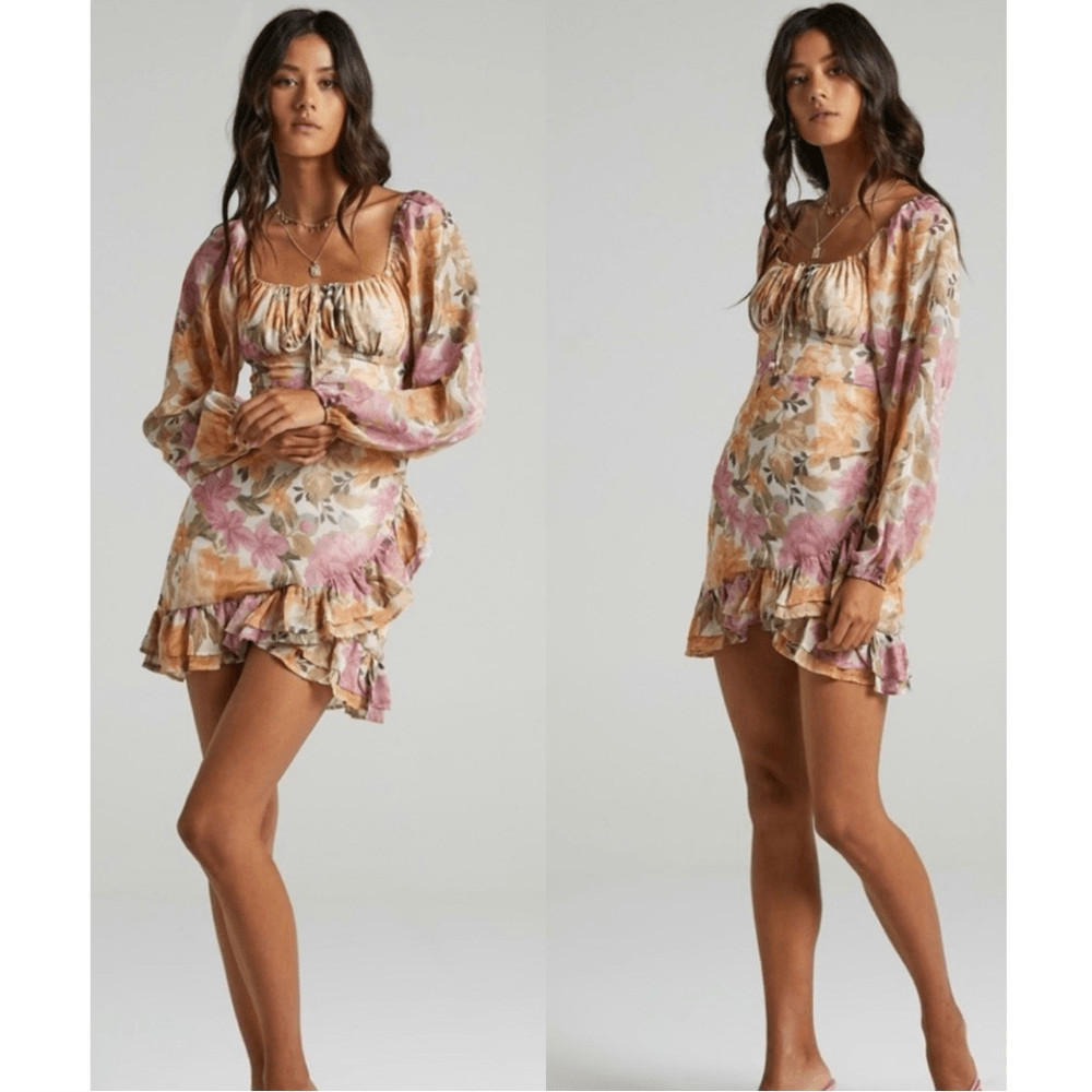 Showpo Floral Grizela Mini Dress NEW Size 12 Pink Long Sleeves