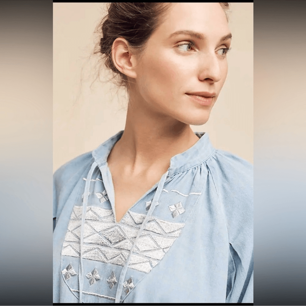 Anthropologie Ne Quittez Pas Denim Tassel Embroidered Swing Dress NEW Size M