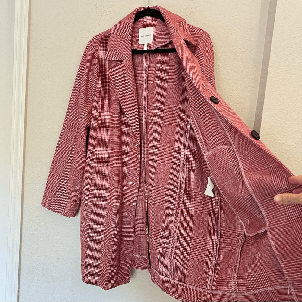Anthropologie Avec Les Filles Red Houndstooth Plaid Longline Blazer NEW Size XL