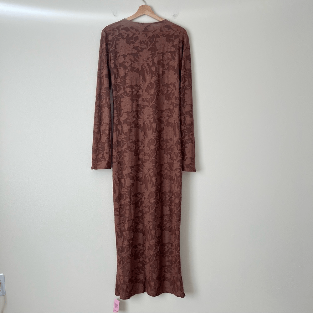 Pretty Little Thing Mocha Floral Sheer Burnout Maxi Dress Long Sleeve NEW Sz 12