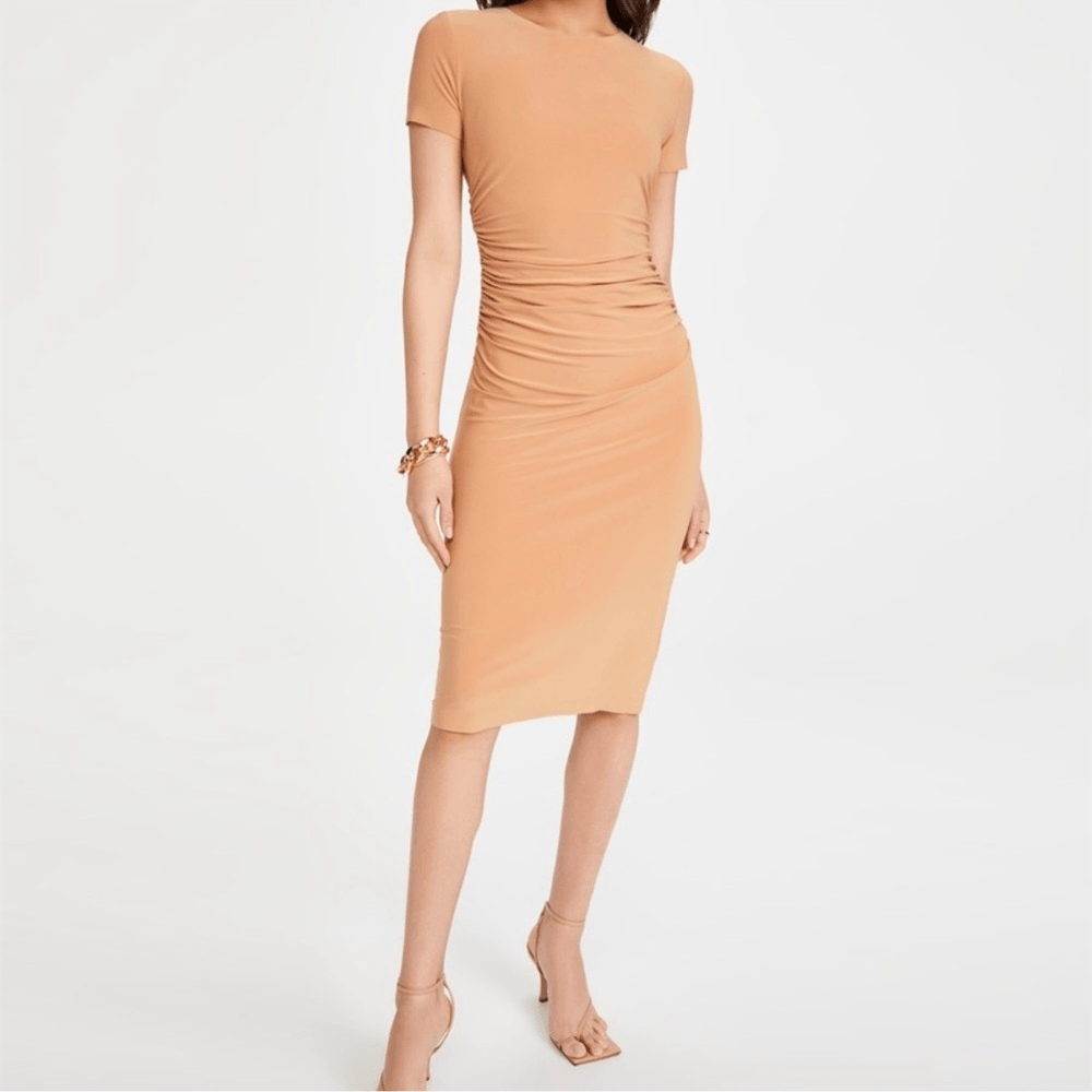 Norma Kamali Kamali Kulture Crew Neck Shirred Midi Bodycon Dress in Tan Size S