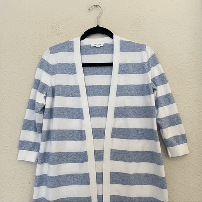 Talbots Striped Blue White Marled Longline Duster Cardigan Pima Cotton Size SP