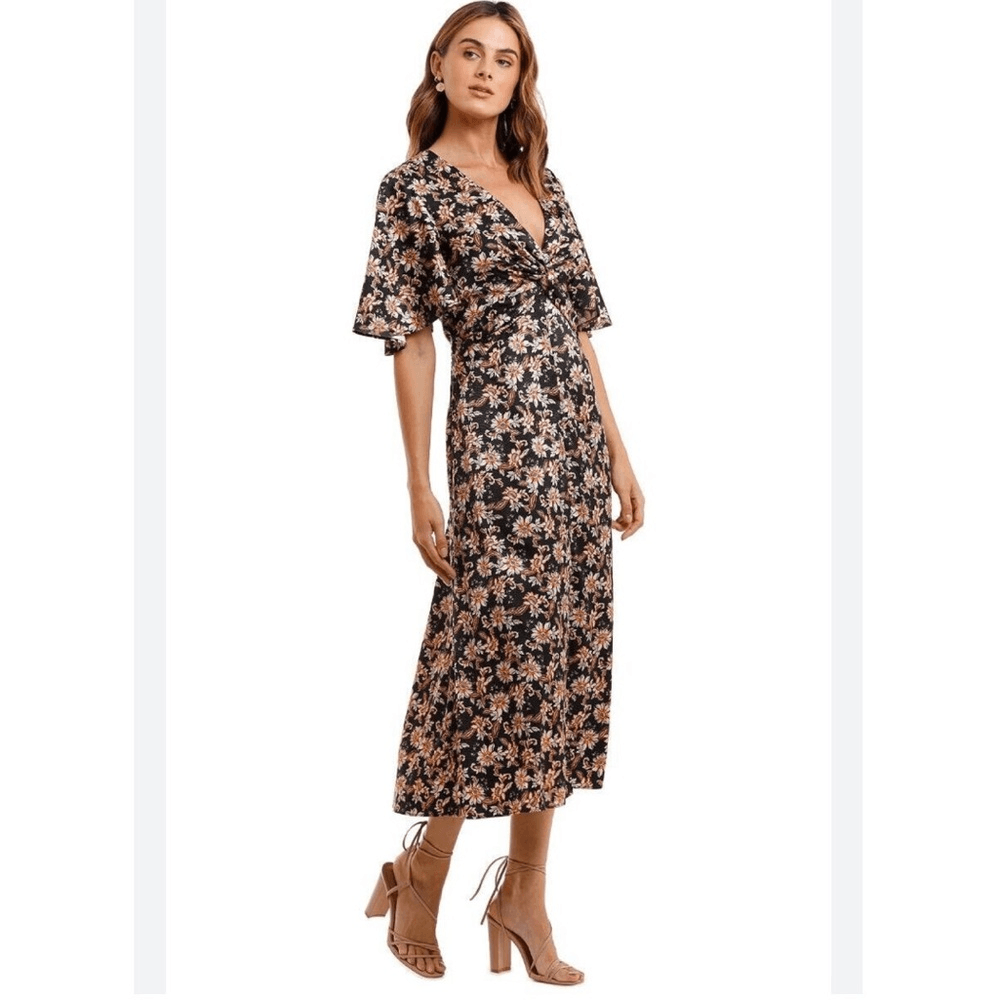 Acler Tippet Floral Flutter Sleeve Midi Dress Size 2